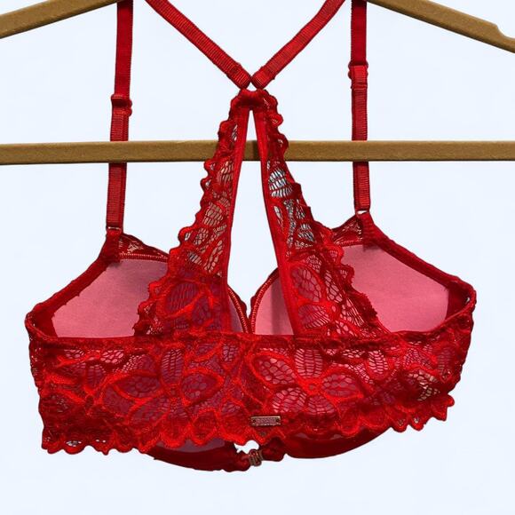NWOT Pink Victoria's secret red lace balconette padded bra and clasp in front - Picture 2 of 6